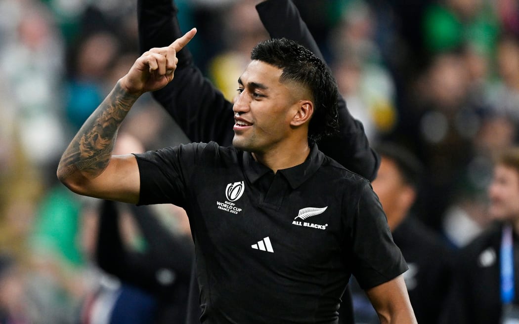 Rieko Ioane thanks fans after winning the Quarter Final match Ireland v New Zealand All Blacks at the Rugby World Cup France 2023. Stade de France, Saint-Denis, France on Saturday 14 October 2023. Photo credit: Andrew Cornaga / www.photosport.nz