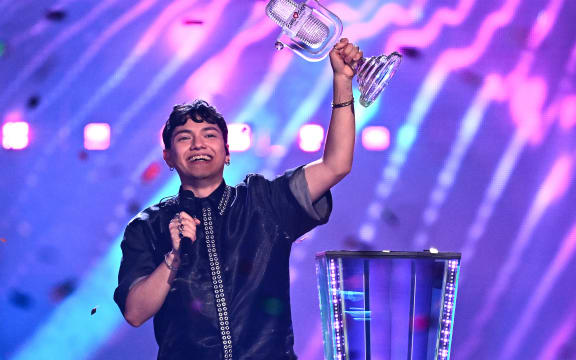 Austrian singer Johannes Pietsch, known as JJ representing Austria with the song "Wasted Love" performs after winning the grand final of the Eurovision Song Contest 2025, at the St. Jakobshalle arena in Basel on May 18, 2025.