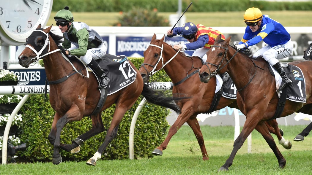 Yes Yes Yes (L), ridden by jockey Glen Boss, wins the Everest 2019 horse race at the Royal Randwick race course in Sydney.