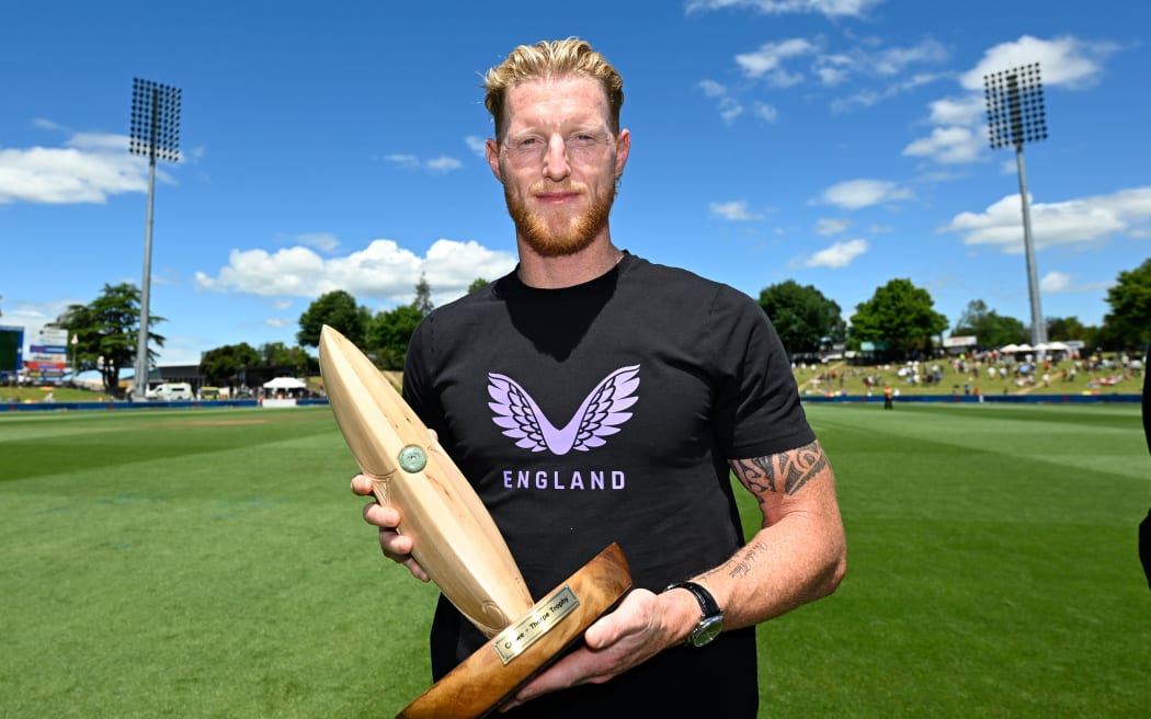 England captain Ben Stokes with the series winning Crowe-Thorpe trophy.