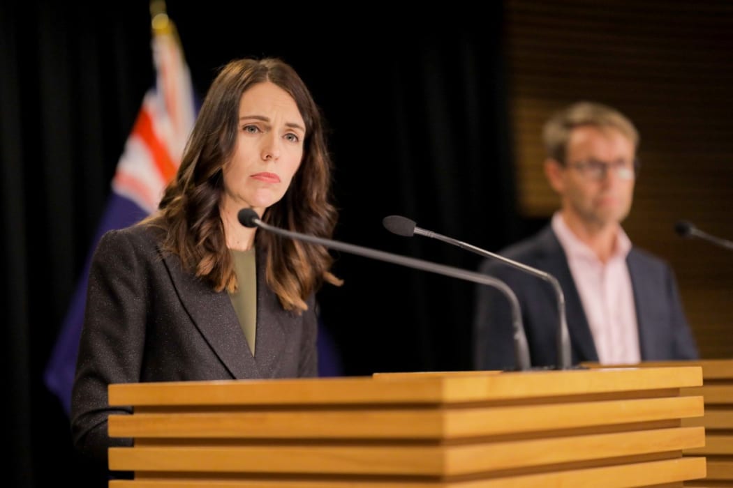 Prime Minister Jacinda Ardern with Director-General of Health Dr Ashley Bloomfield answering questions on the new Covid-19 alert system.