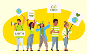 Five young people hold signs against CO2 and urging peopel to go gree.
