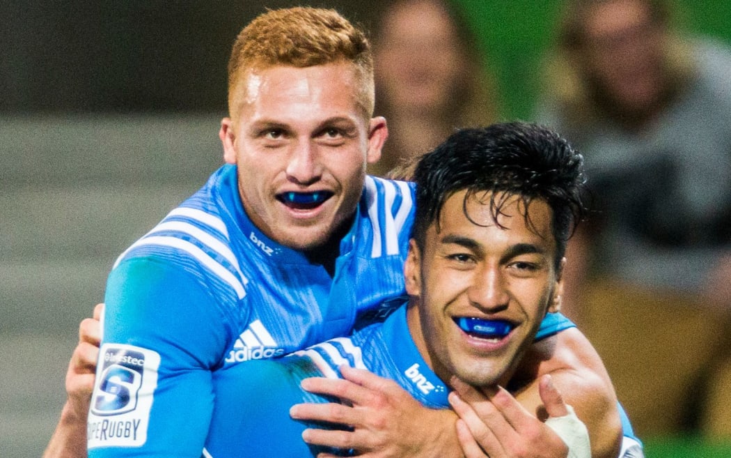 Rieko Ioane celebrates with Ihaia West after scoring a try. 2017.