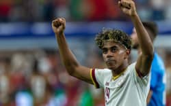 Spain’s #19 forward Lamine Yamal, celebrates after winning FIFA World Cup 2026, Portugal vs Spain at the Dallas Stadium on July 06, 2026. (Photo by Leo Barrilari / Odyssey Images via AFP)