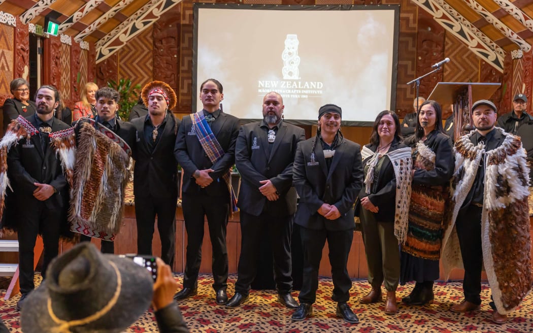 2025 New Zealand Māori Arts and Crafts Institute Graduates. L-R: Maaka Toi, Kingi Aupouri, Te Okiwa Morgan, Taj Winika, Hetekia Waimotu, Tawhiri Solomon, Melissa Tamamasui, Anahera Emile, Inanga Andrews.
