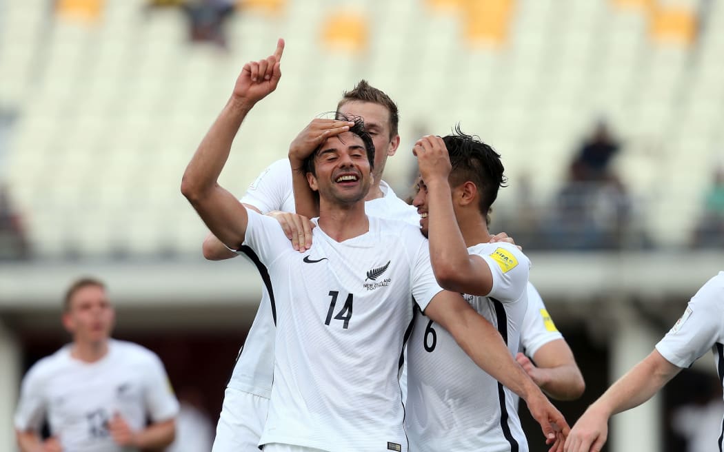 Rory Fallon celebrates after scoring for All Whites, OFC Nations Cup 2016.
