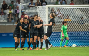 New Zealand's Amber Hearn celebrates her goal during the Rio 2016 Olympic Games first round Group G women's football match Colombia vs New Zealand at the Mineirao stadium in Belo Horizonte, Brazil on August 6, 2016.