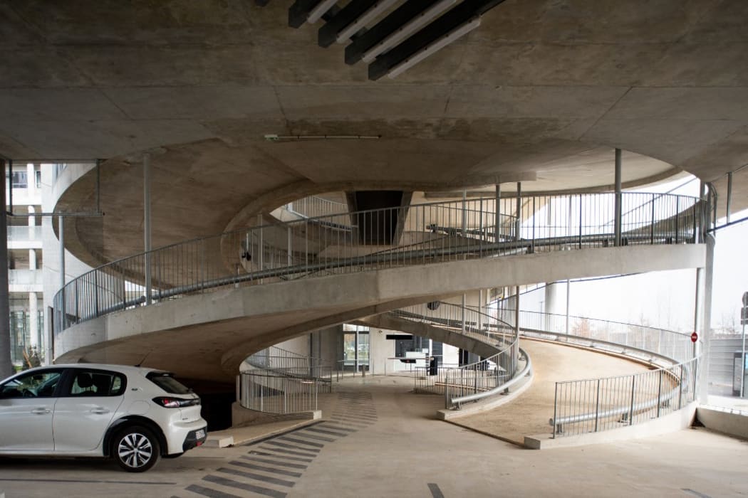 France, Gif-sur-Yvette, 2021/03/10. A parking lot in a brand new building hosting students, and designed by the architect Bruther and Baukunst, on the plateau de Saclay, an urban development project that gathers universities and top ranked schools in the South of Paris.