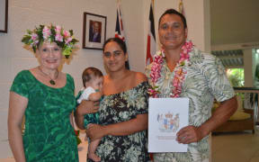 Anthony “Tonga” Faafiatonga McBride (right) received his New Zealand citizenship on Wednesday last week, presented by New Zealand High Commissioner Catherine Graham (left). He is pictured with his partner Cook Islander Shanya Sahay, and their baby Talia McBride.