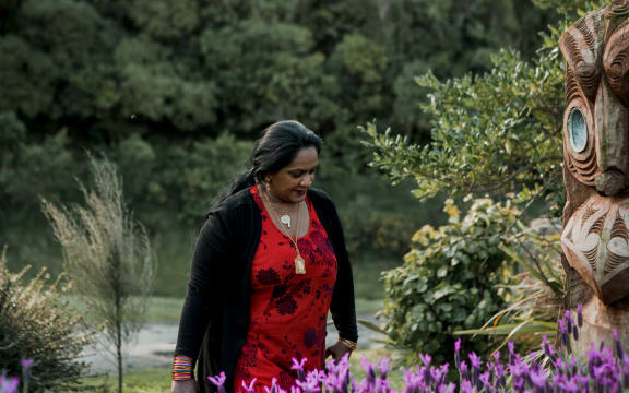 Halima Stewart at her ex-husband Bruce Stewart's grave at Tapu Te Ranga