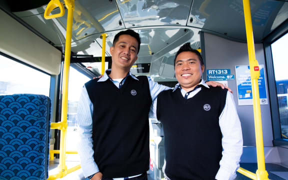 Ryan Carumba and Garry Ortiz are training to become bus drivers on Auckland's public transport network, pictured on 14 June, 2023.