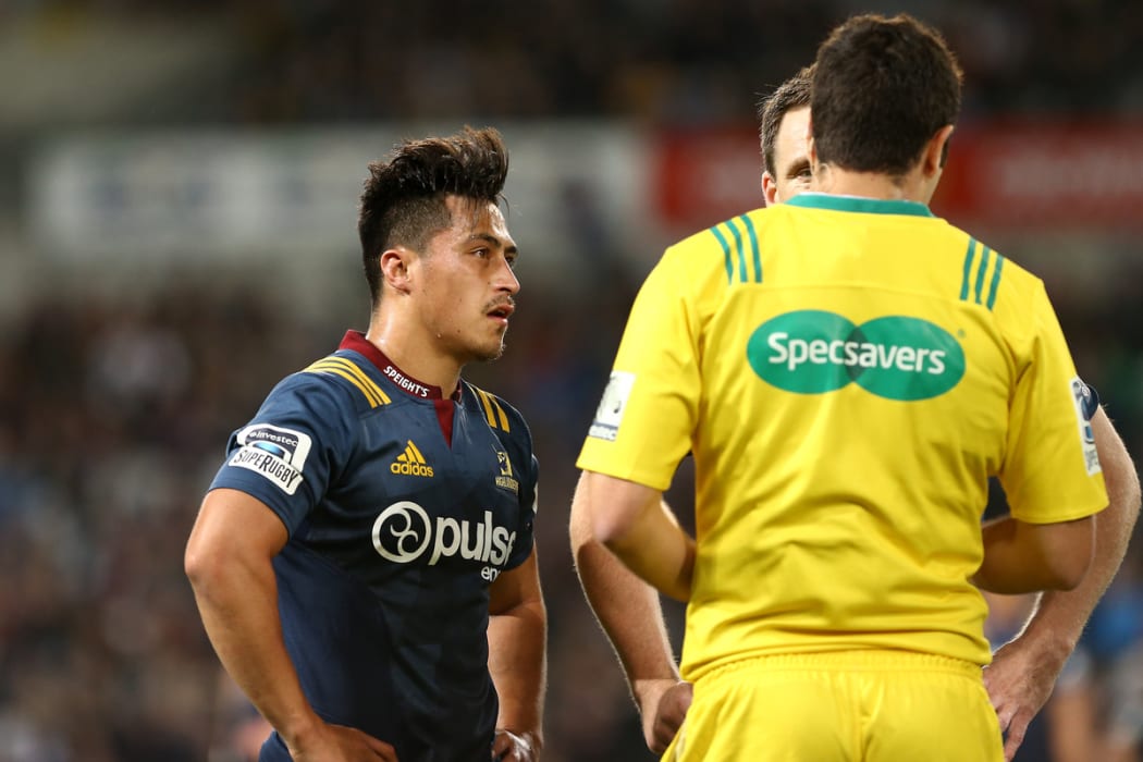 Jason Emery is red-carded after clashing with Willie Le Roux in the Highlanders-Sharks match.