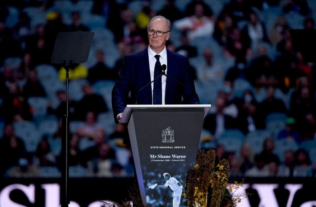 Keith Warne, father of Shane Warne, speaks during the state memorial service for the former Australian cricketer Shane Warne at the Melbourne Cricket Ground (MCG) in Melbourne on March 30, 2022.