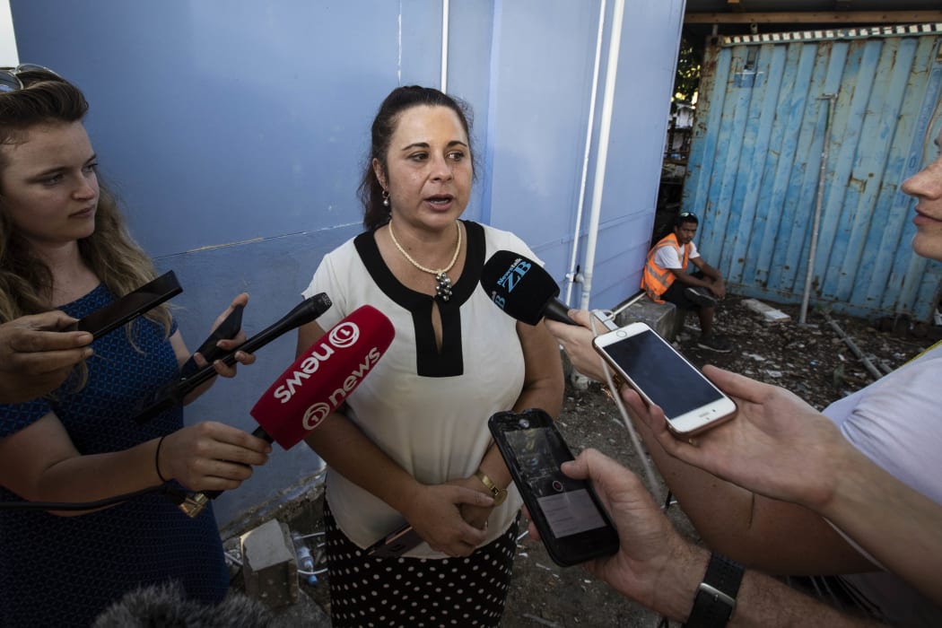 TVNZ journalist Barbara Dreaver speaks to the media after she was released by Nauru Police.