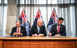NZ First leader Winston Peters, National Party leader Christopher Luxon and ACT Party leader David Seymour at the formal signing ceremony on 24 November, 2023.
