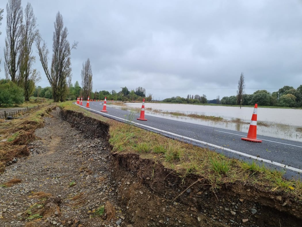 One side of Tikokino Road, near the town of Waipawa in Central Hawke's Bay, has been washed away while the other side has been flooded after heavy rain hit the region.