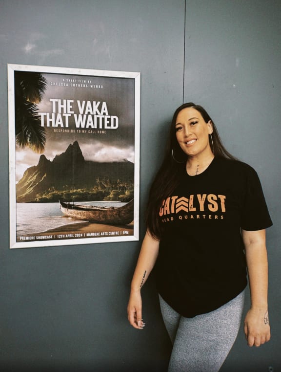 Niu FM radio personality and proud Cook Islander, Chelsea Cuthers-Munro pictured with the promotional poster for her documentary 'The Vaka That Waited'