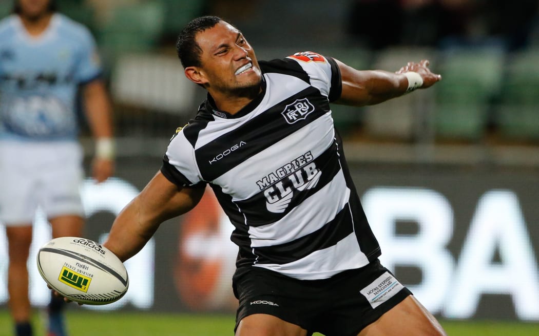 Hawkes Bays' Robbie Fruean celebrates his try.