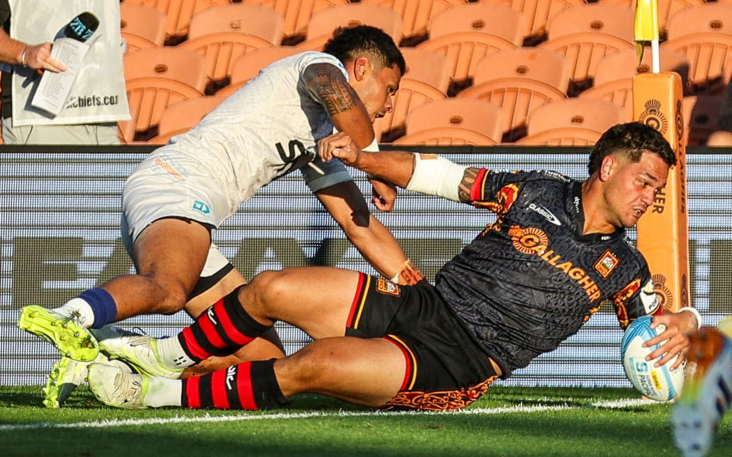 Chiefs' Quinn Tupaea scores a try during the Chiefs vs Moana Pasifika, Super Rugby Pacific match at FMG Stadium, Hamilton, New Zealand on Friday 6 March 2026. Photo: DJ Mills / Photosport