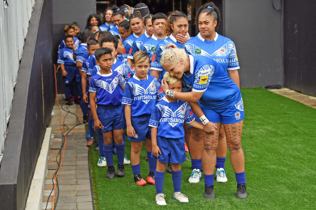 Fetū Samoa captain Masuisui Pauaraisa prepares to lead out her team onto Mount Smart Stadium.