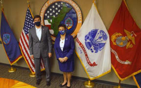 US Secretary of Defense Mark Esper meets Guam's Governor Lou Leon Guerrero in Guam, 29 August 2020.