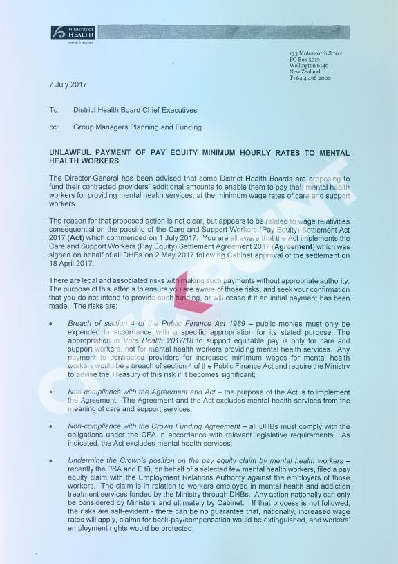 A Ministry of Health letter warns DHBs against paying mental health workers more.