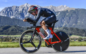 Patrick Bevin on his way to a top ten finish in the individual time trial at the world champs in Austria.