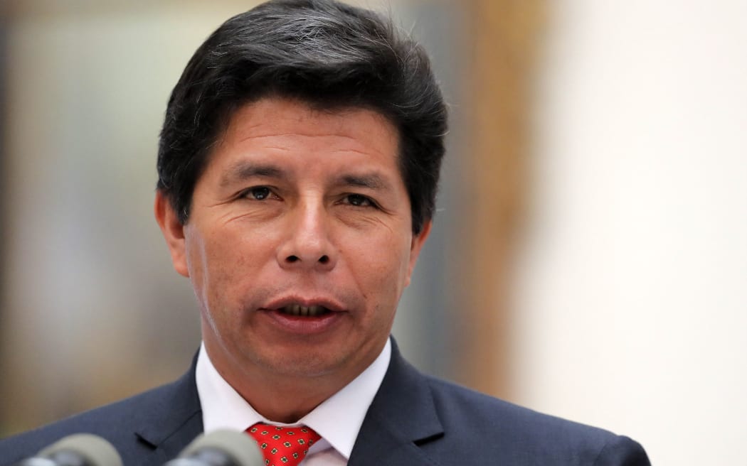 Peru's President Pedro Castillo speaks during a press conference with his Chilean counterpart Gabriel Boric (out of frame) at La Moneda presidential palace in Santiago, on November 29, 2022, during his visit to Chile. (Photo by JAVIER TORRES / AFP)
