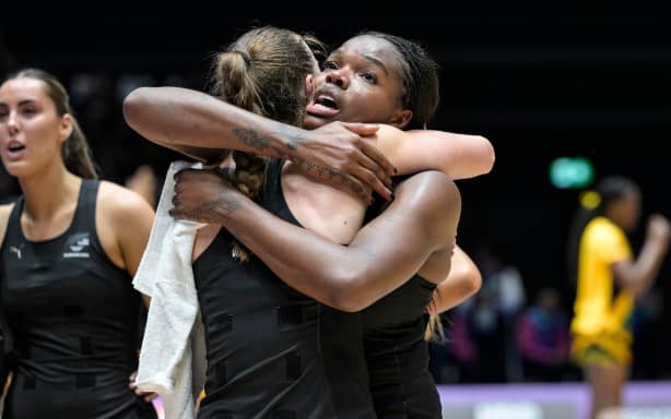 Grace Nweke of New Zealand celebrates winning the final and gold medal match, New Zealand Silver Ferns v Jamaica, Grand Final netball match of the 2026 Glasgow Commonwealth Games at OVO Hydro, Glasgow, Scotland on Sunday 2 August 2026.
Photo: Jayne Russell / Photosport