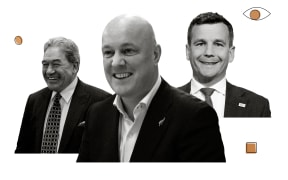 Collage of Christopher Luxon, Winston Peters, and David Seymour in greyscale