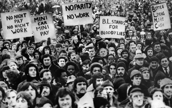 British Leyland workers from Longbridge plant demonstrate, on February 7, 1979 in Cofton park, south Birmingham, during a series of general strikes and demonstrations called the winter of discontent, in the United Kingdom. (Photo by AFP)