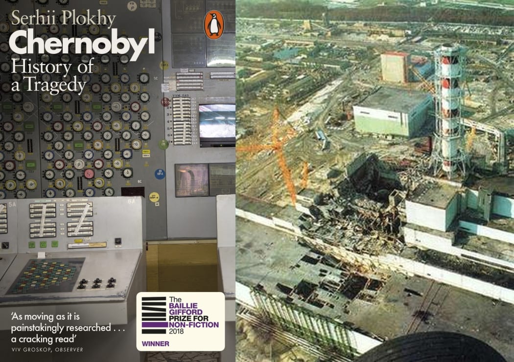 Chernobyl book cover and view of damage to nuclear reactor