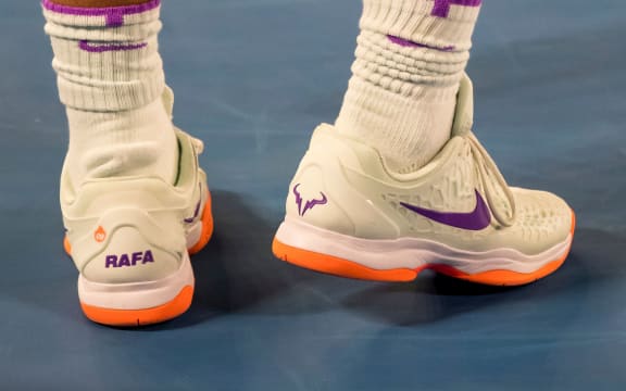 Rafael Nadal of Spain sports his personalised shoes.