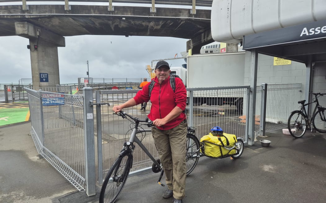 Interislander ferry terminal in Wellington. German traveller, Rudi, is biking around the South Island for the next two months.