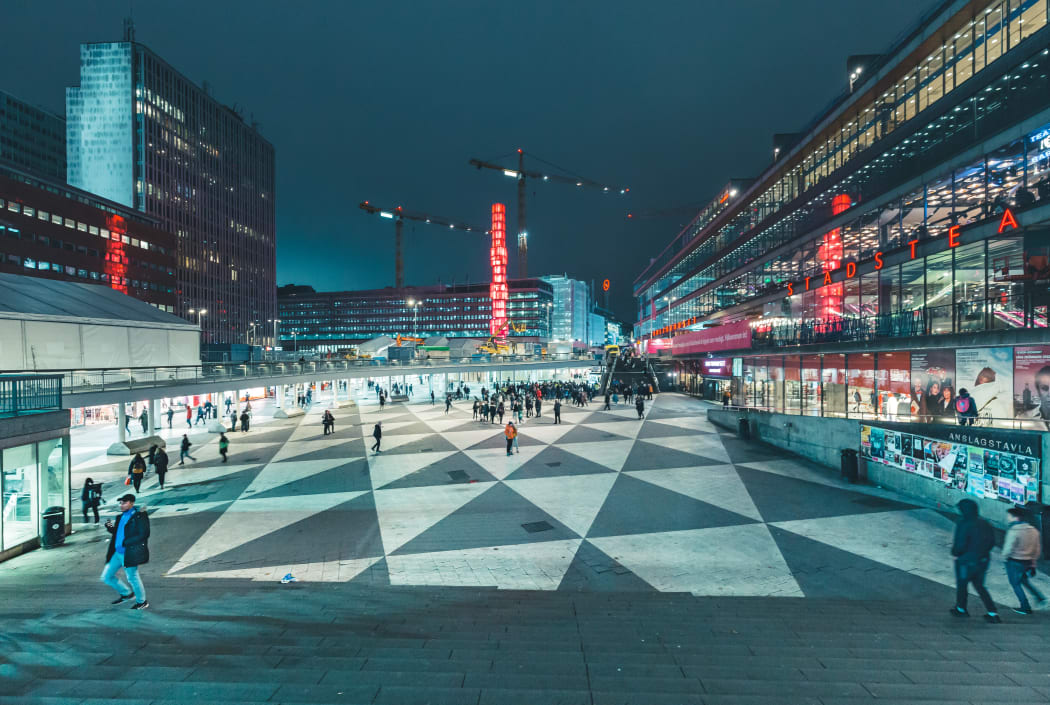 Sergels Torg square at night, central Stockholm, Sweden.