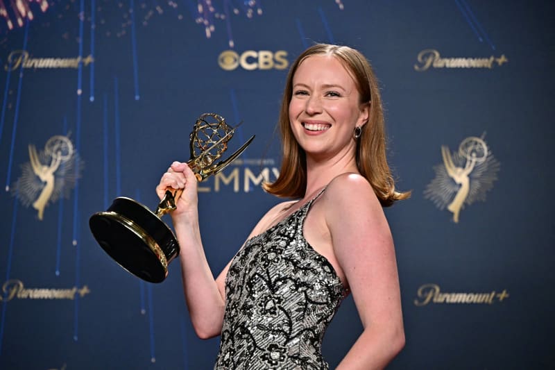 US actress Hannah Einbinder poses in the press room with award Outstanding Supporting Actress in a Comedy Series for "Hacks" during the 77th Primetime Emmy Awards at the Peacock Theatre at LA Live in Los Angeles on September 14, 2025. (Photo by Frederic J. Brown / AFP) / RESTRICTED TO EDITORIAL USE