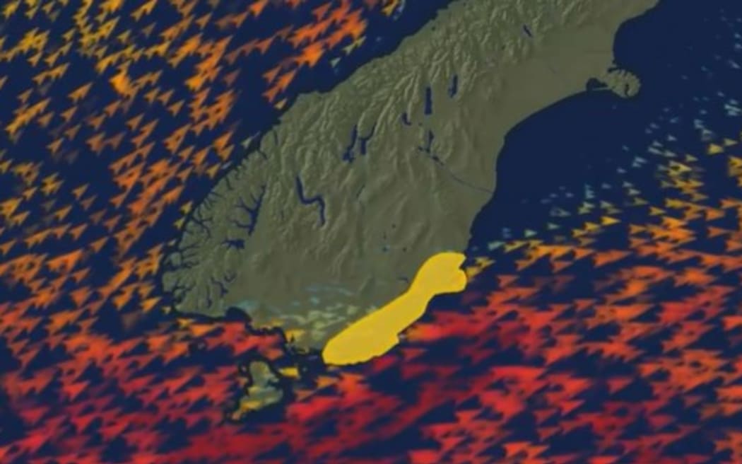 A MetService screenshot showing strong southwesterly winds may affect Dunedin and Clutha on Sunday 7 July.