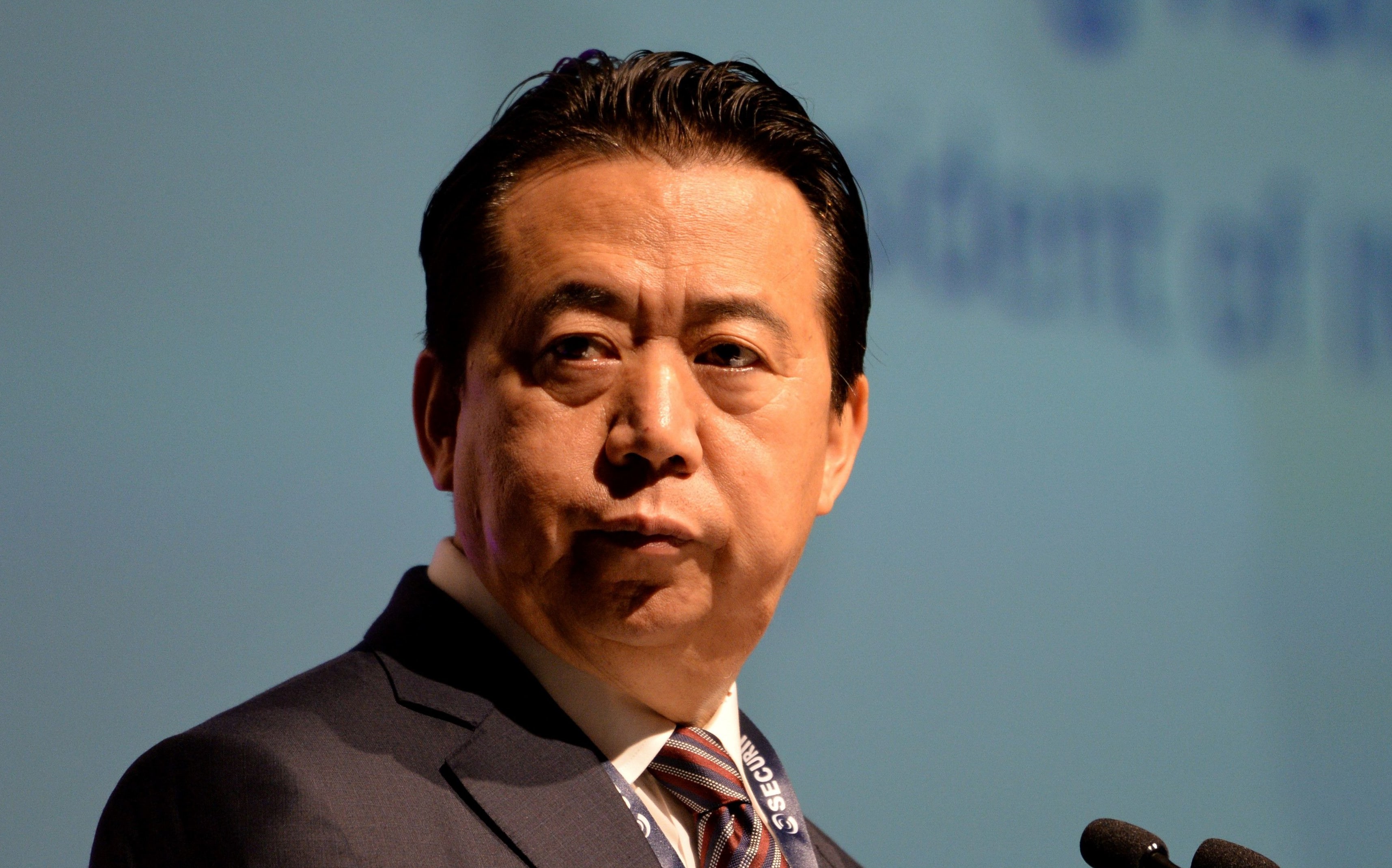 Interpol president Meng Hongwei gives an address at the opening of the Interpol World Congress in Singapore In July 2018.
