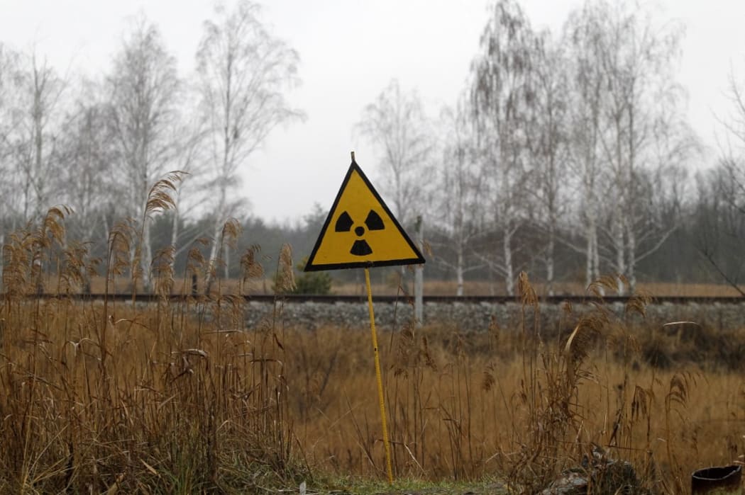 A  radiation sign is seen in Chernobyl, Ukraine, on 25 December, 2019. The Chernobyl disaster on the Chernobyl nuclear power plant occurred on April 26, 1986.