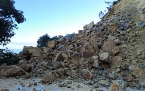 State Highway 25 closed again between Tapu and Waiomu on 26 June, 2023, after more rocks and debris slipped overnight blocking both lanes.