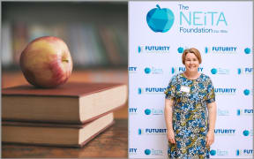 Apple on books. Right: Amie Roberts