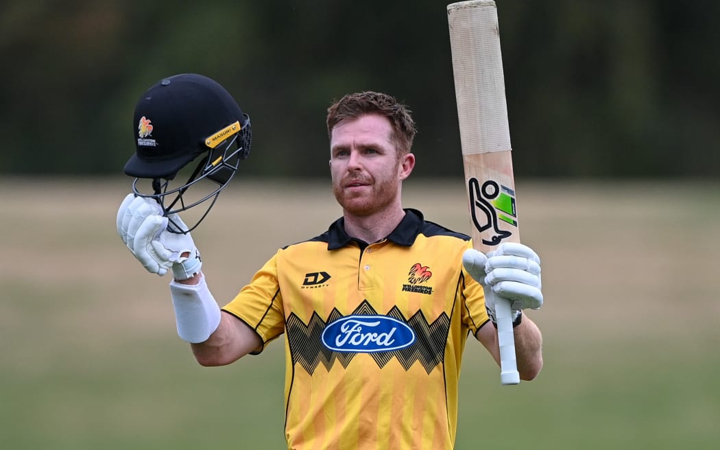Nick Kelly of the Wellington Firebirds reaches 100 runs during the Ford trophy, 2025.