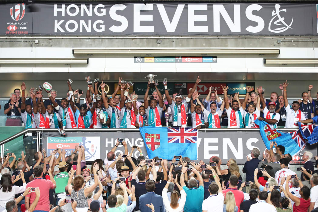 Fiji celebrate winning their fifth consecutive Hong Kong Sevens title.