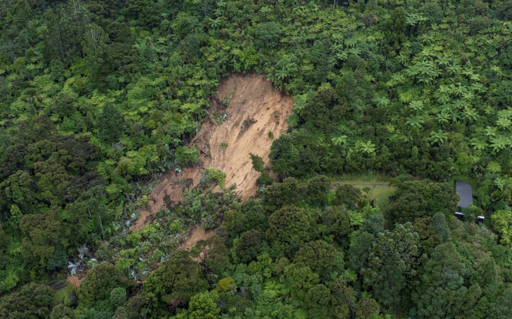 A huge landslip in the Waitākere water catchment during the Auckland floods. 29 January, 2023