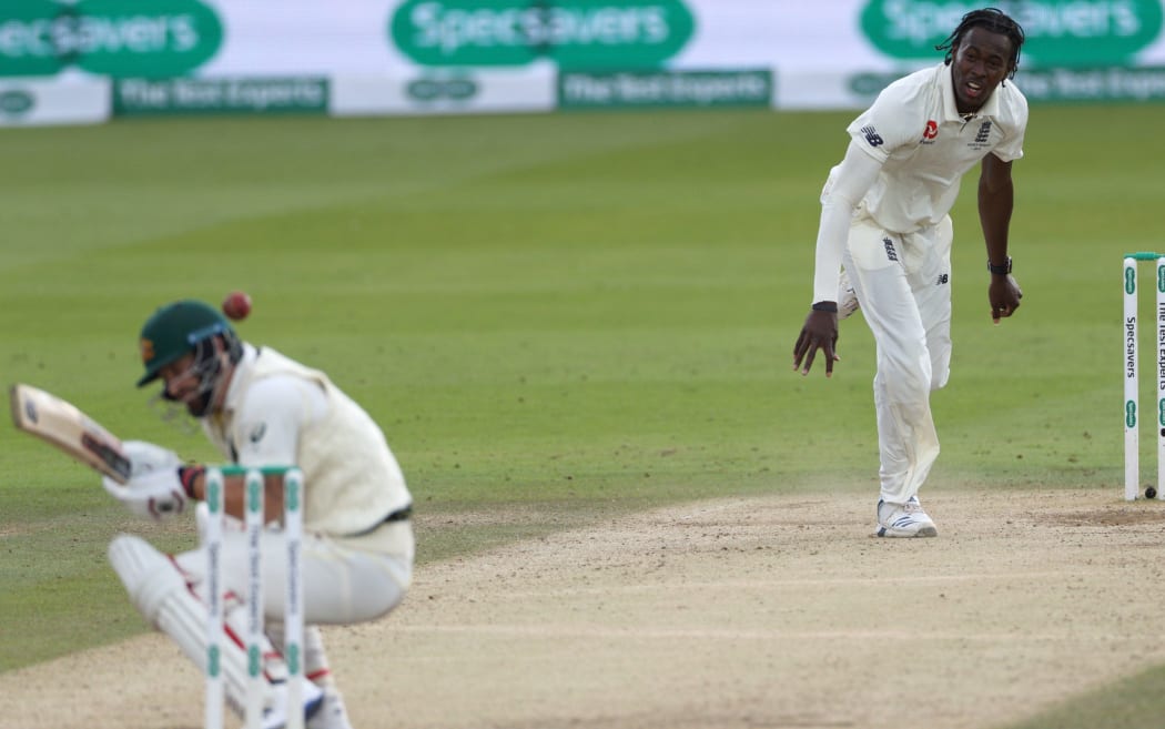 Matthew Wade is struck on the helmet by a Jofra Archer delivery during the 2nd Ashes Test Match between England and Australia at Lord's Cricket Ground.
