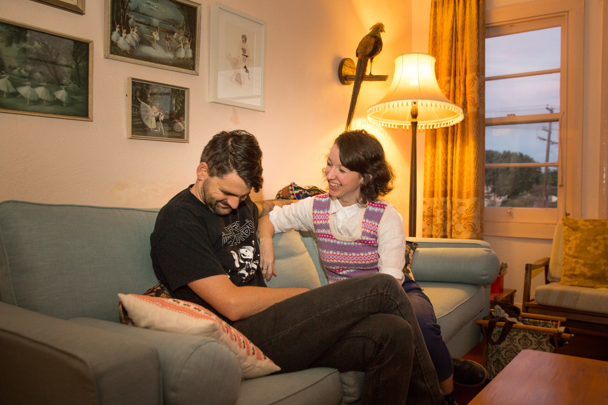 Stu Harwood and Jenna Todd at their rented house in Auckland.