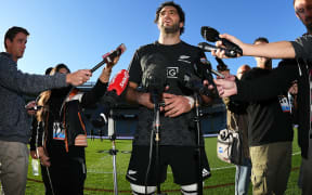 All Blacks captain Samuel Whitelock talks to the media during the captain's run at Eden Park ahead of the first test match against France.