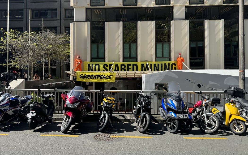 Two activists, Bridie and Kate, climbed on an awning at the front of the building to deploy a large 'No Seabed Mining' banner.