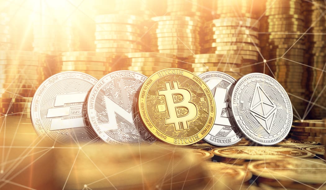 Bitcoin, Dash, Ripple, Monero, Litecoin and blockchain nodes in blurry closeup against lots of golden coin piles. Cryptocurrency meaning on global market growth concept. 3D rendering