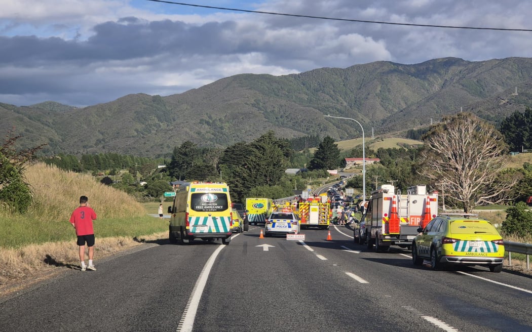Emergency services at the scene of an accident at the intersection of SH2 and Waterworks Road in Kaitoke.